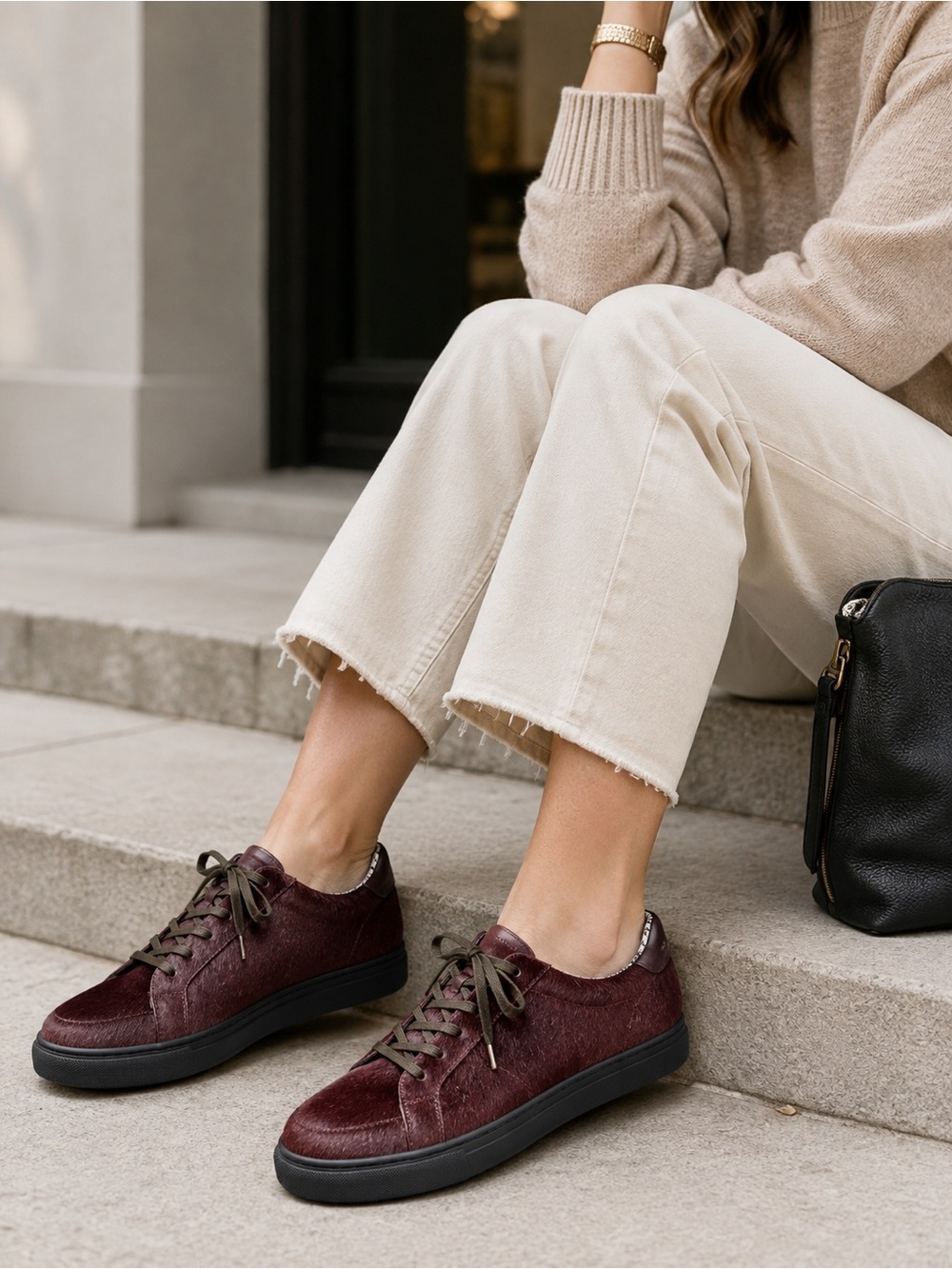 Matt Bernson Calf Hair Leather Sneakers Burgundy Oxblood Women’s 10 - Picture 1 of 10